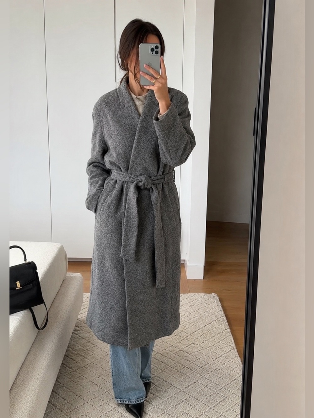 H&M Women’s Gray 84% Wool Belted Wrap Coat Longline Unlined